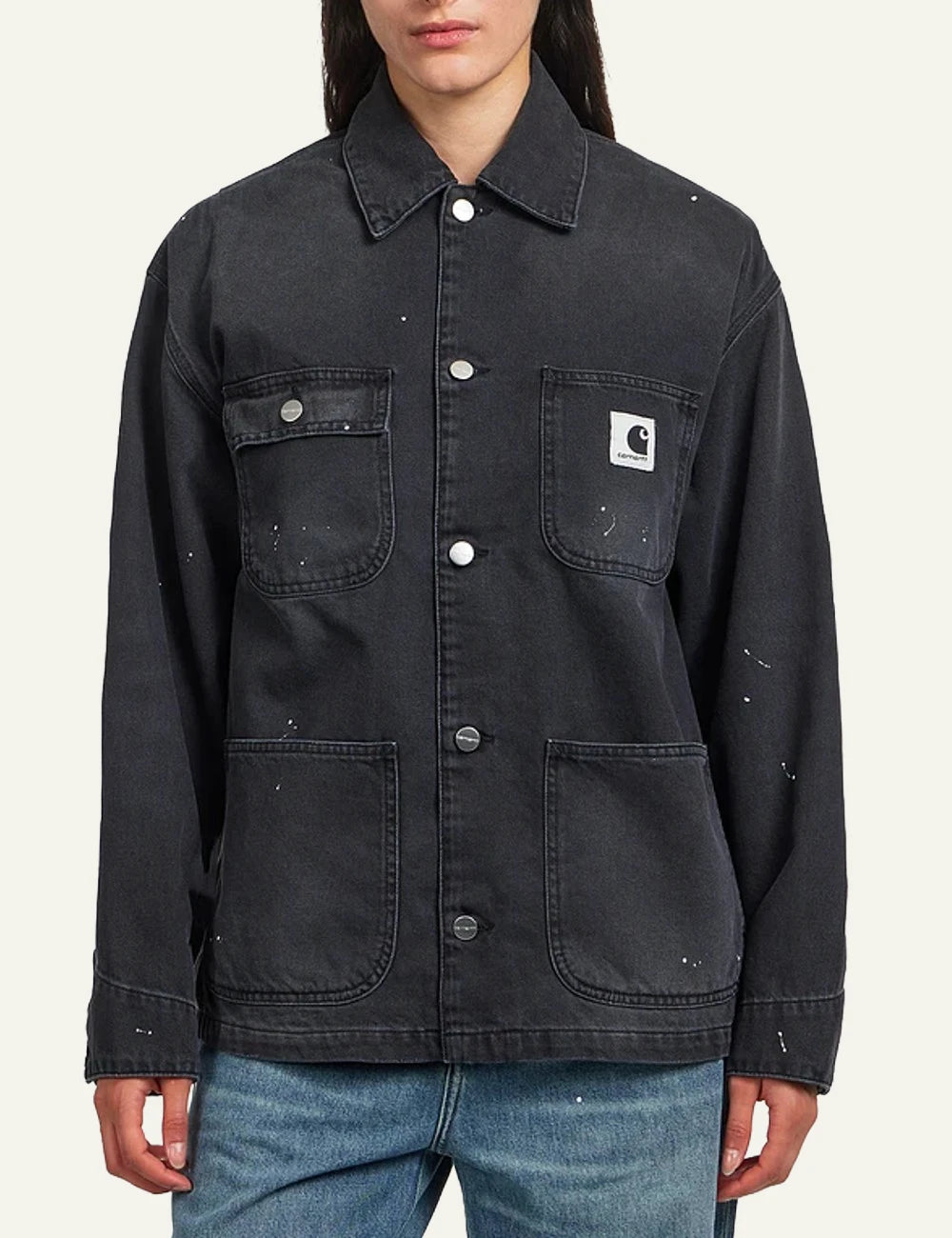 Carhartt WIP black zip jacket me corduroy collar kai embroidered logo front