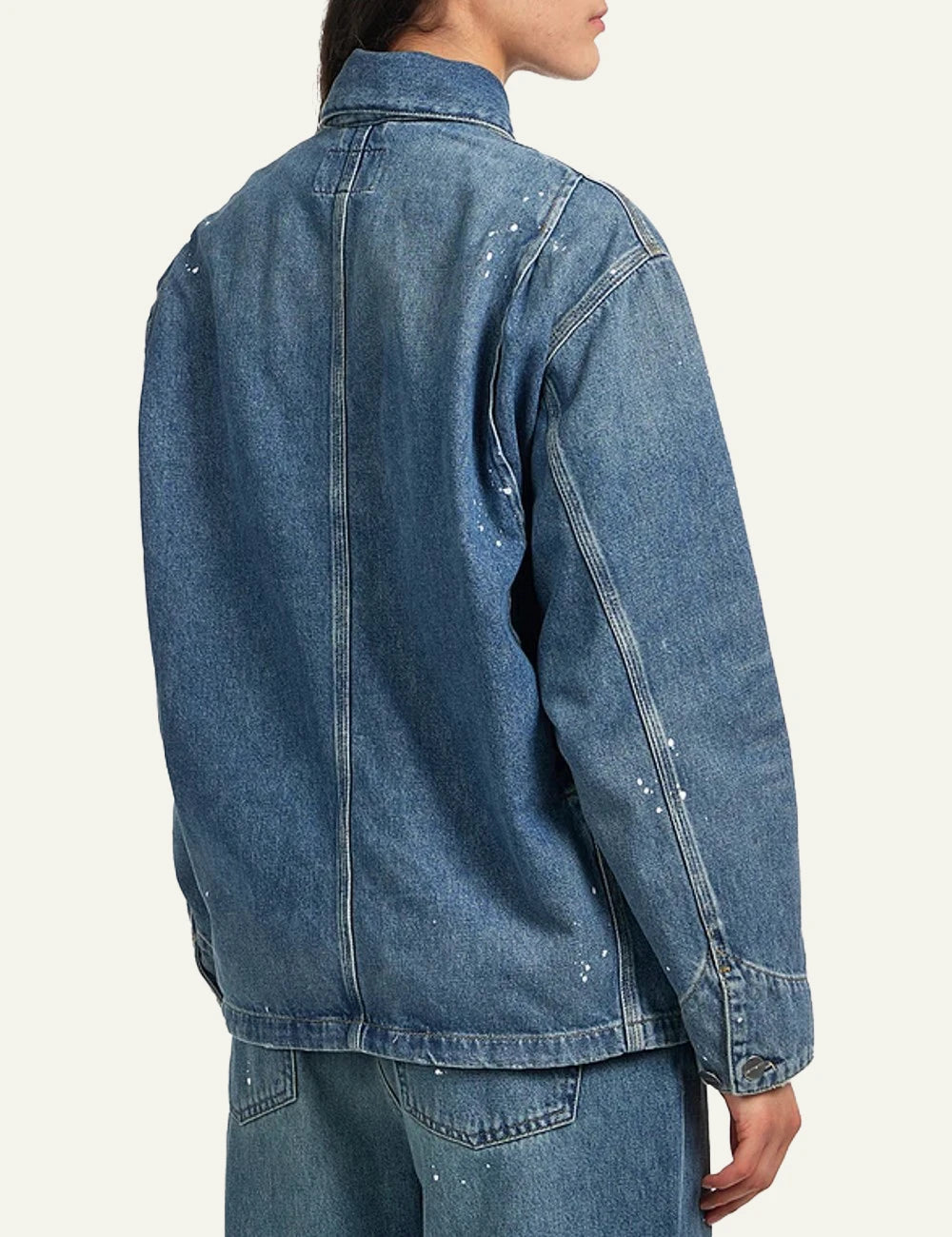 Carhartt WIP OG Michigan coat se blue washed denim me paint splatter back
