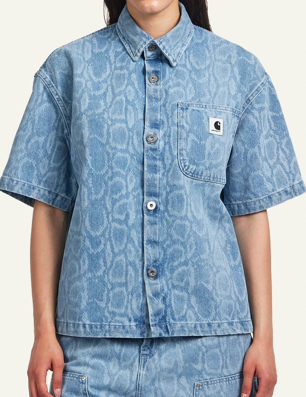 carhartt wip snake lovilia shirt smith denim snake camo blue bleached model