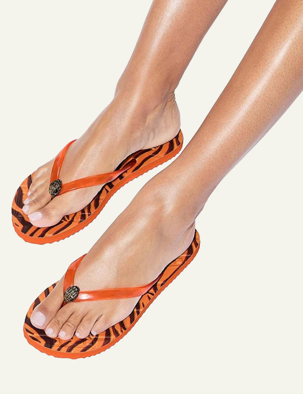 Kurt Geiger Kensington flip flop orange sole leopard print footbed orange strap eagle logo side model view
