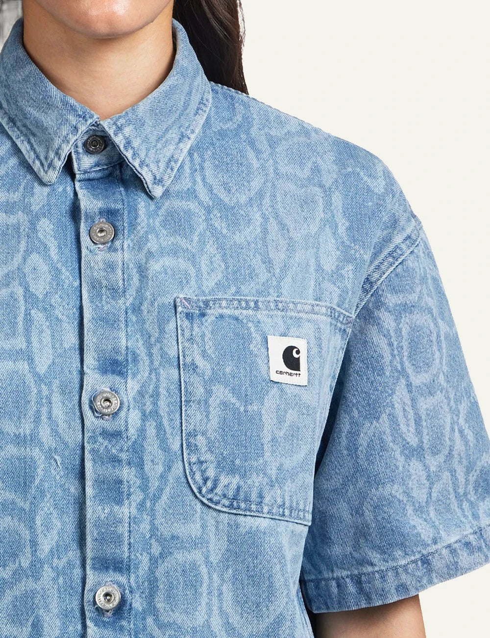 carhartt wip snake lovilia shirt smith denim snake camo blue bleached detail