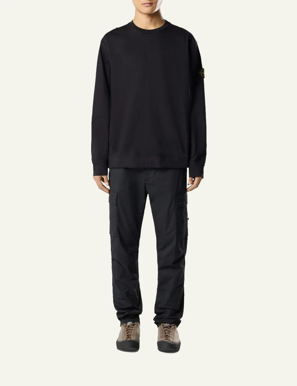 Men's Stone Island black heavy organic cotton jersey sweatshirt with sleeve logo patch full body