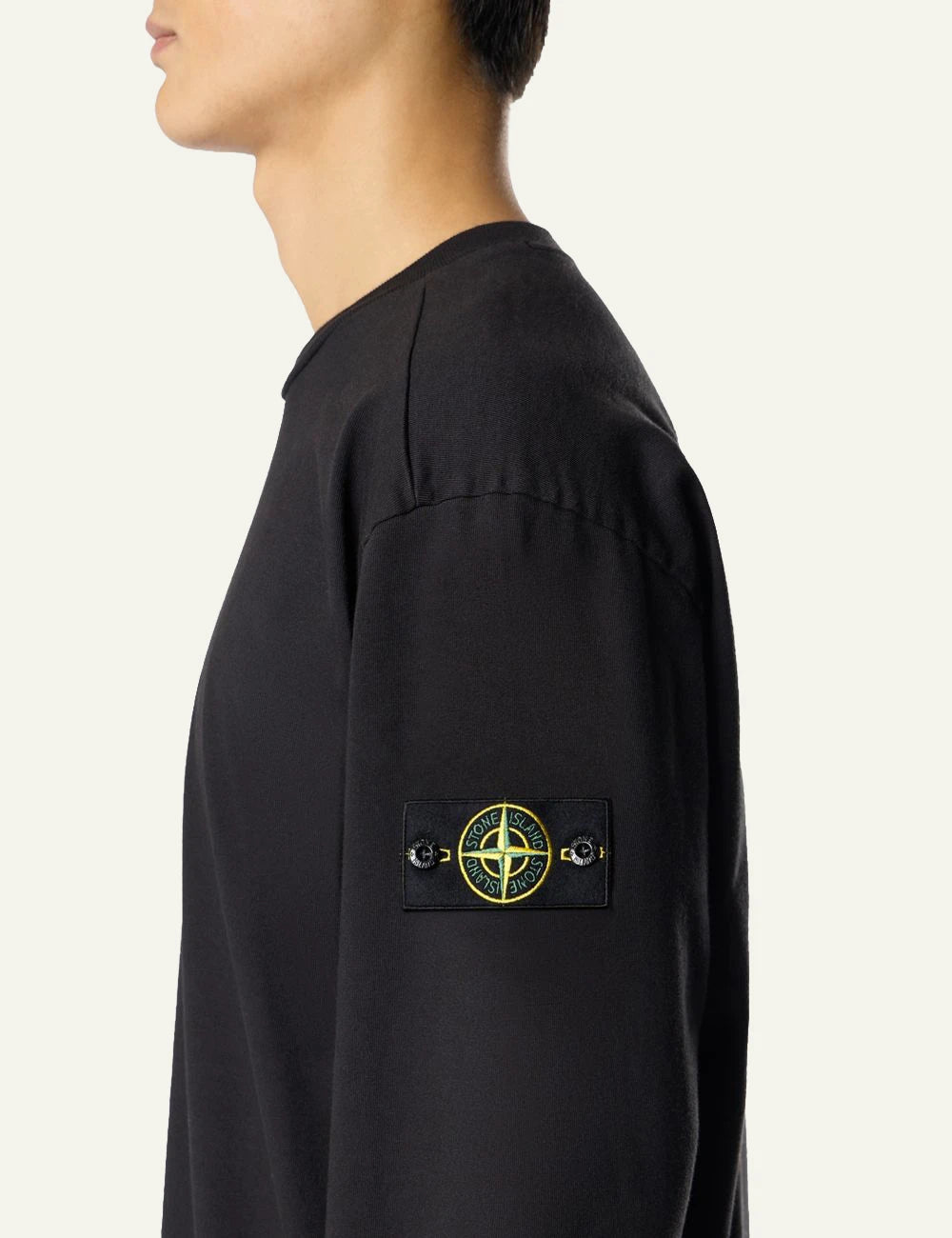 Men's Stone Island black heavy organic cotton jersey sweatshirt with sleeve logo patch side
