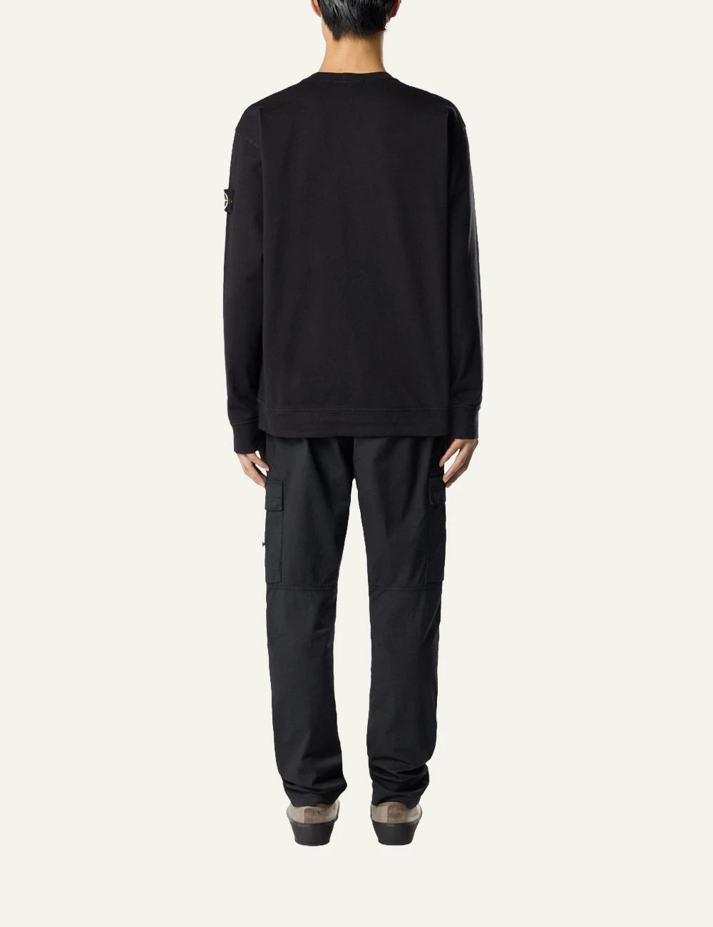 Men's Stone Island black heavy organic cotton jersey sweatshirt with sleeve logo patch back