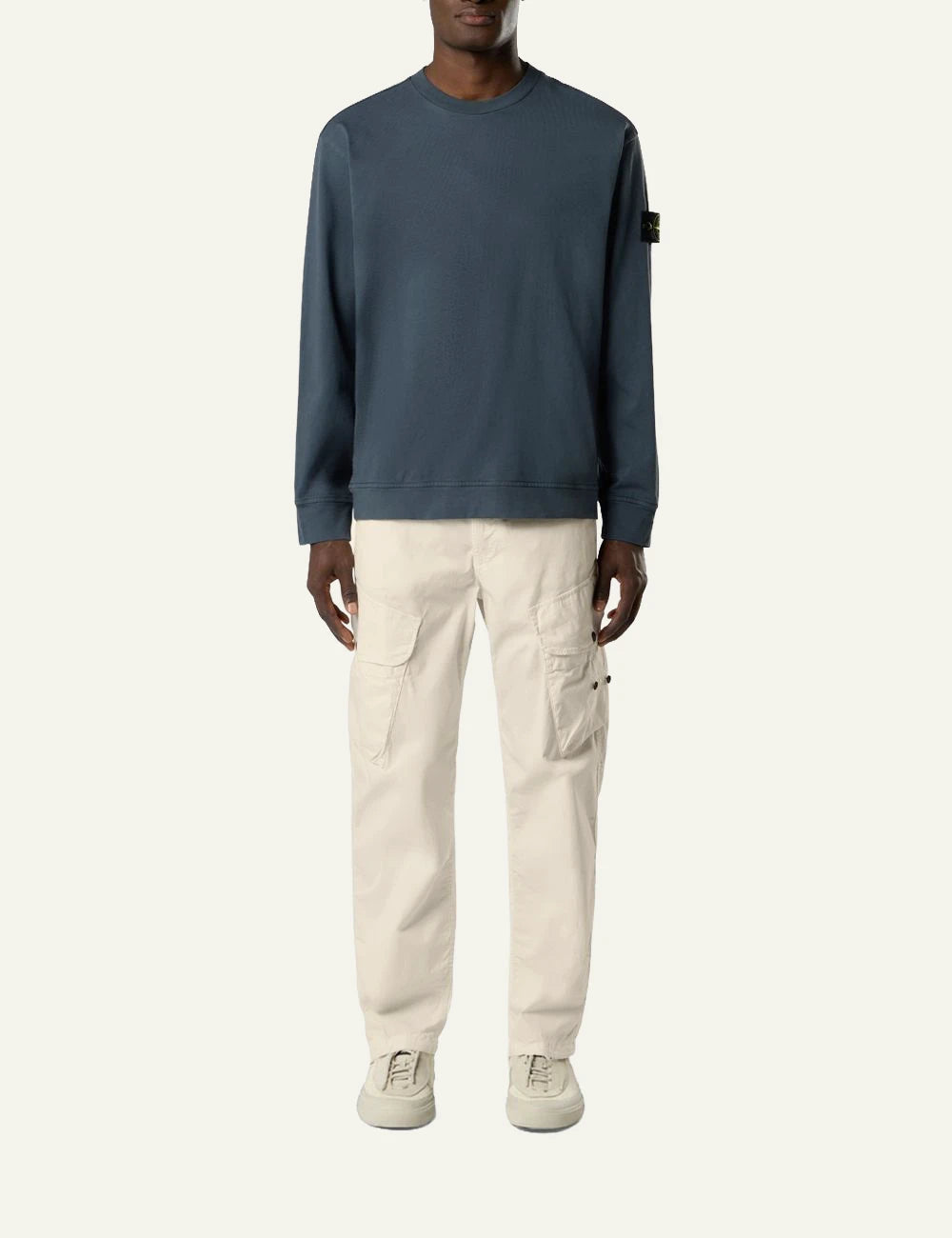 Men's Stone Island dark slate blue organic cotton jersey crewneck sweatshirt with Compass patch full body