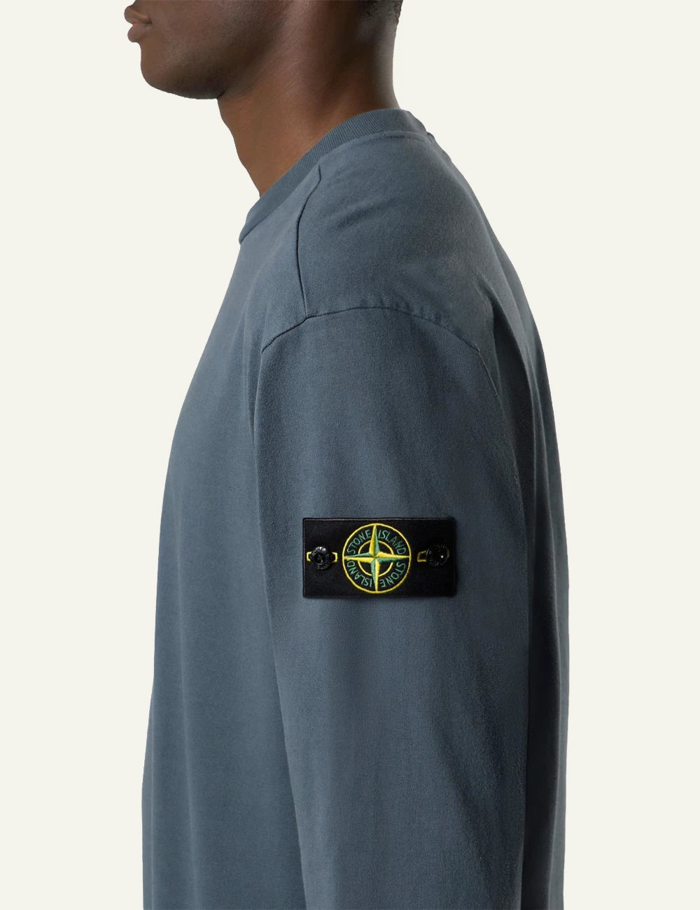 Men's Stone Island dark slate blue organic cotton jersey crewneck sweatshirt with Compass patch side
