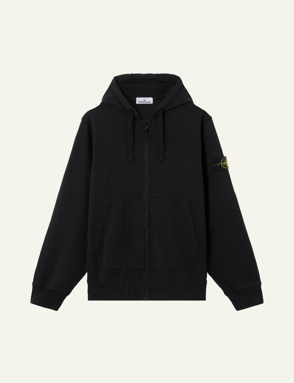Men's Stone Island black organic cotton zip-up hooded sweatshirt with Compass logo patch