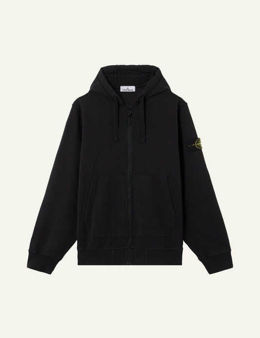 Men's Stone Island black organic cotton zip-up hooded sweatshirt with Compass logo patch