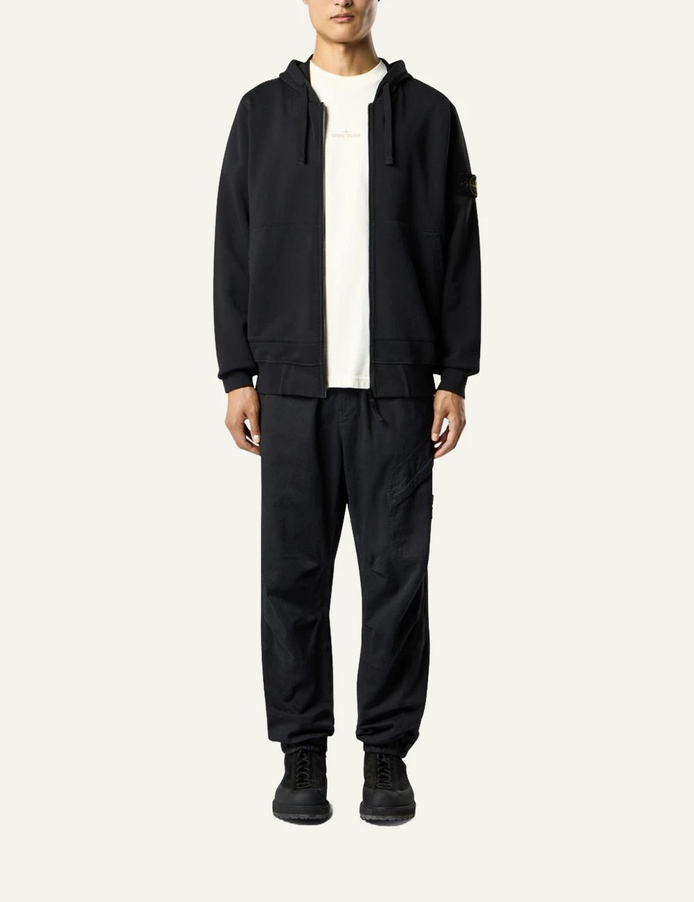 Men's Stone Island black organic cotton zip-up hooded sweatshirt with Compass logo patch full body
