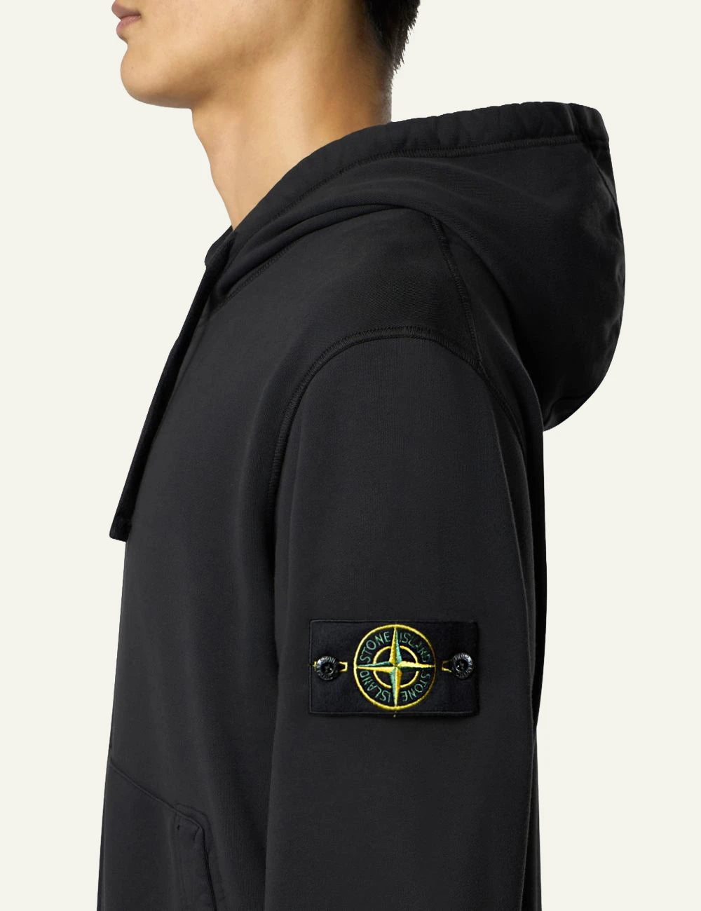Men's Stone Island black organic cotton zip-up hooded sweatshirt with Compass logo patch side