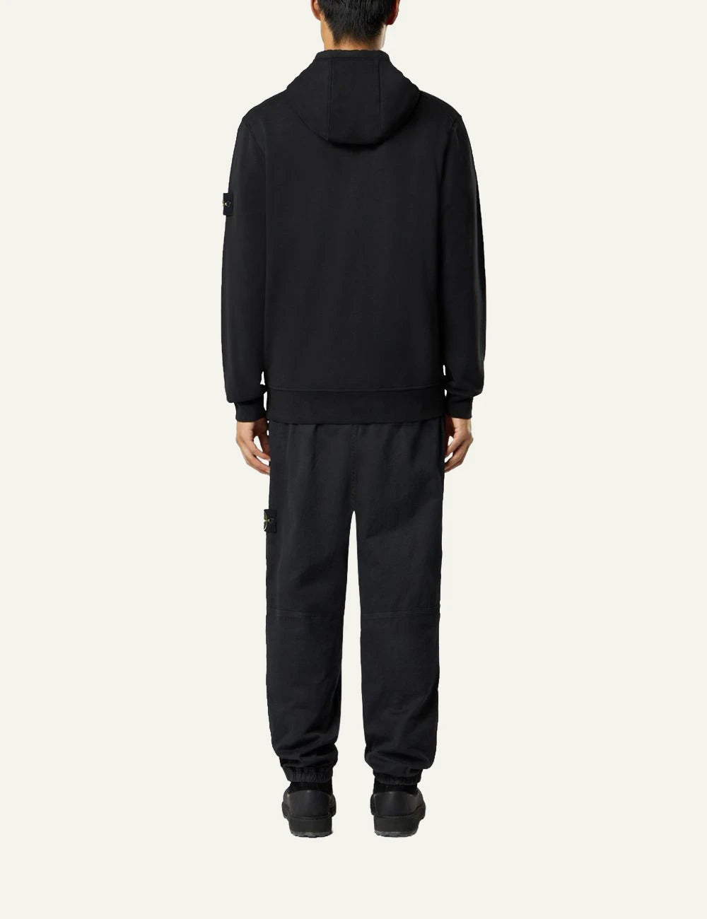 Men's Stone Island black organic cotton zip-up hooded sweatshirt with Compass logo patch back