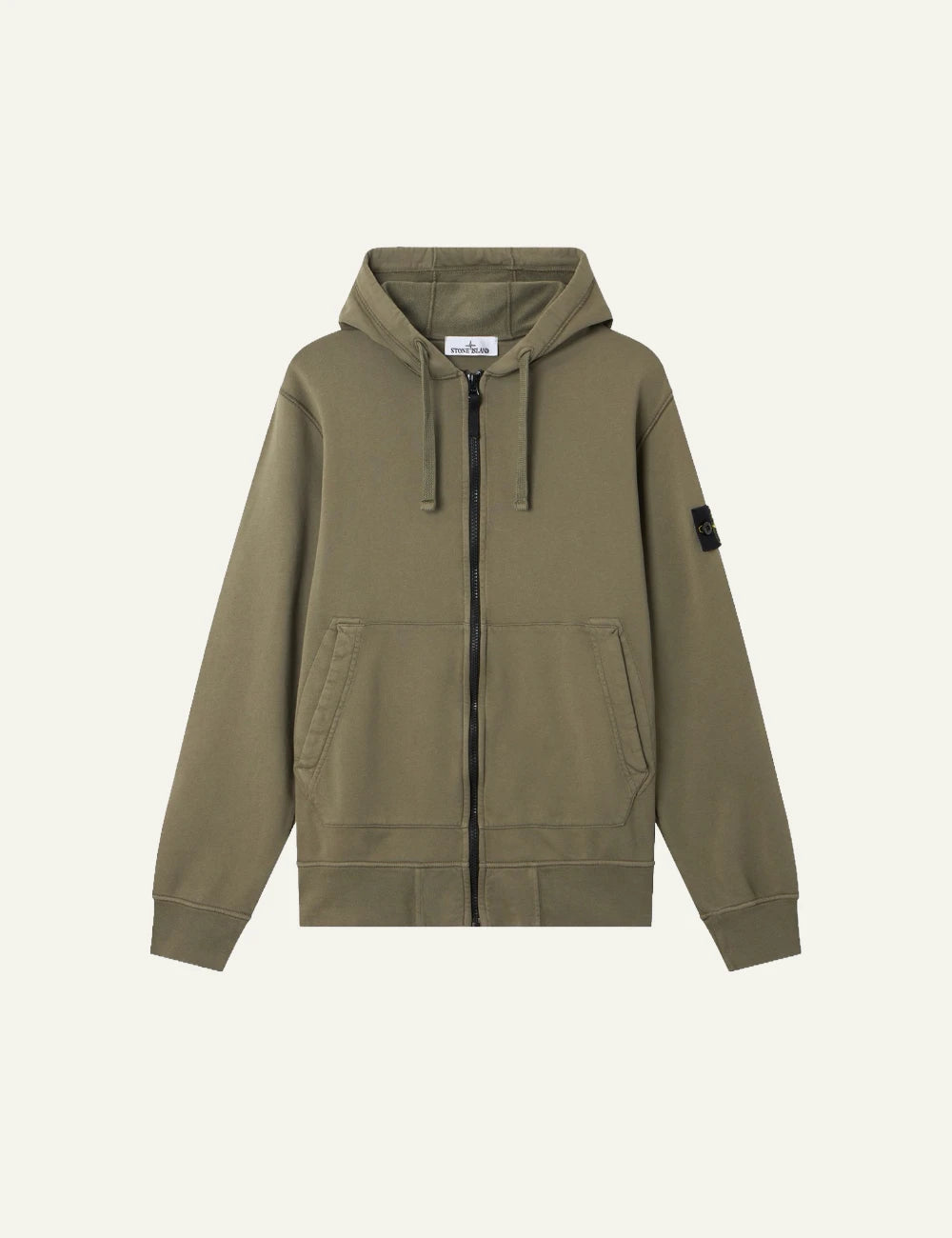 Men's Stone Island khaki organic cotton zip-up hooded sweatshirt with Compass logo patch
