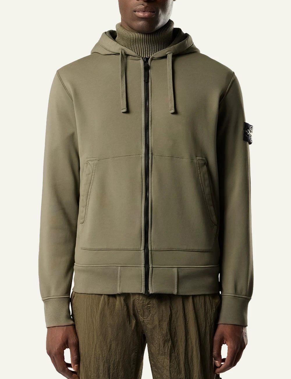 Men's Stone Island khaki organic cotton zip-up hooded sweatshirt with Compass logo patch model