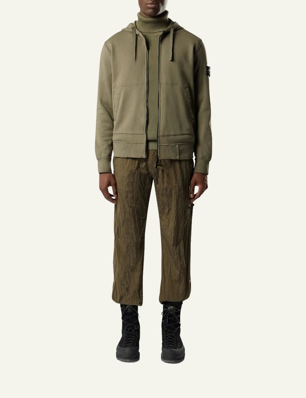 Men's Stone Island khaki organic cotton zip-up hooded sweatshirt with Compass logo patch full body