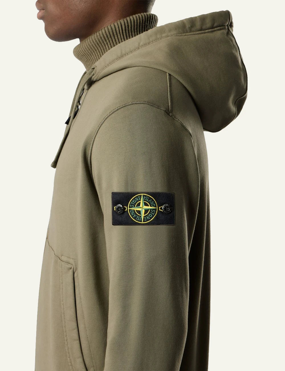 Men's Stone Island khaki organic cotton zip-up hooded sweatshirt with Compass logo patch side