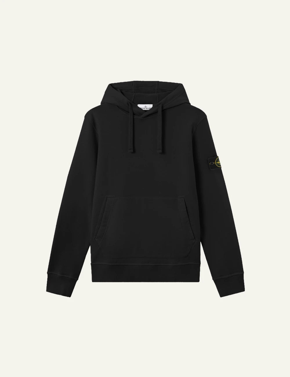 Men's Stone Island organic cotton fleece hoodie in black with sleeve logo patch and kangaroo pocket
