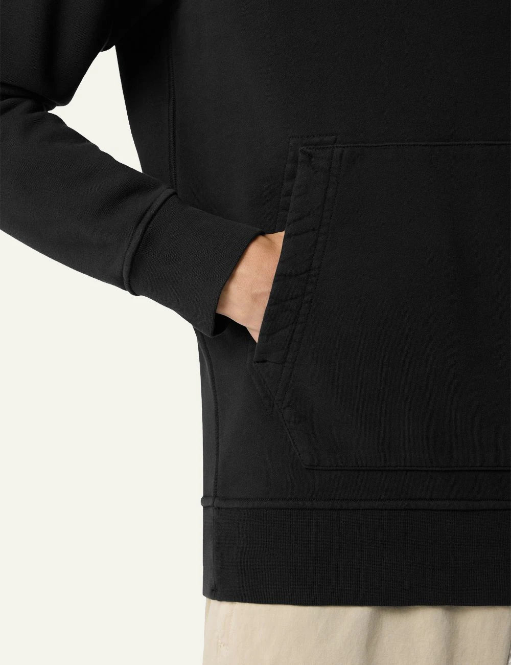 Men's Stone Island organic cotton fleece hoodie in black with sleeve logo patch and kangaroo pocket detail
