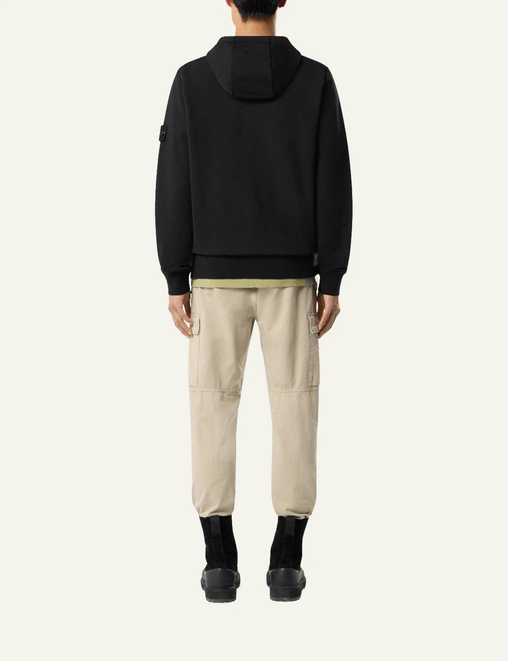 Men's Stone Island organic cotton fleece hoodie in black with sleeve logo patch and kangaroo pocket back