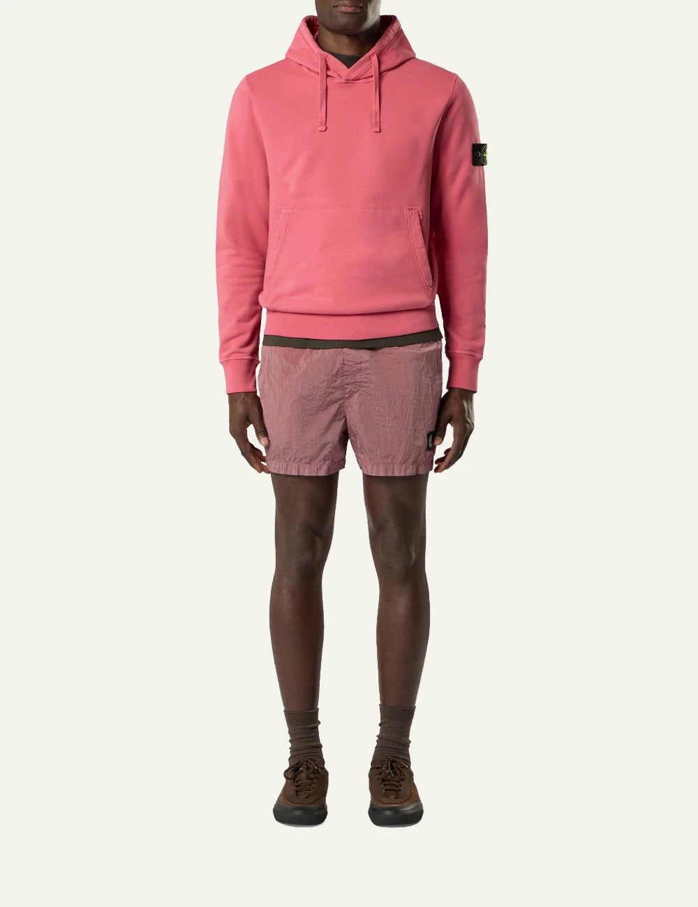 Men's Stone Island coral organic cotton hooded sweatshirt with Compass logo patch full body