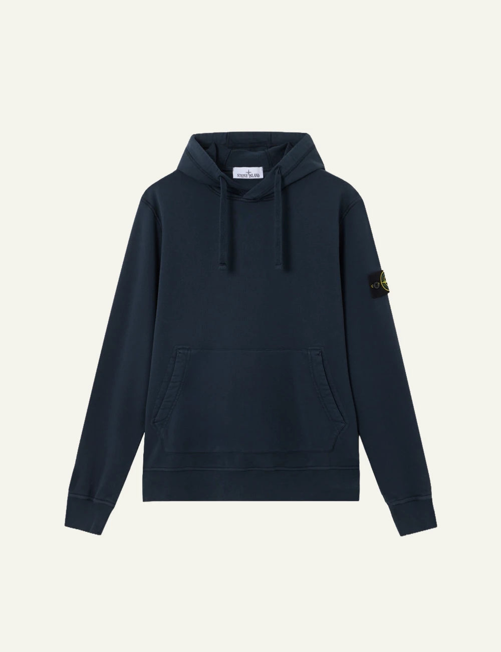 Men's Stone Island organic cotton fleece hoodie in navy blue with sleeve logo patch and kangaroo pocket