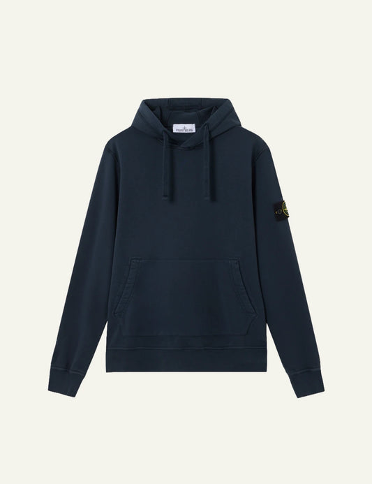 Men's Stone Island organic cotton fleece hoodie in navy blue with sleeve logo patch and kangaroo pocket