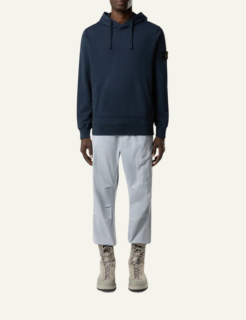 Men's Stone Island organic cotton fleece hoodie in navy blue with sleeve logo patch and kangaroo pocket full body