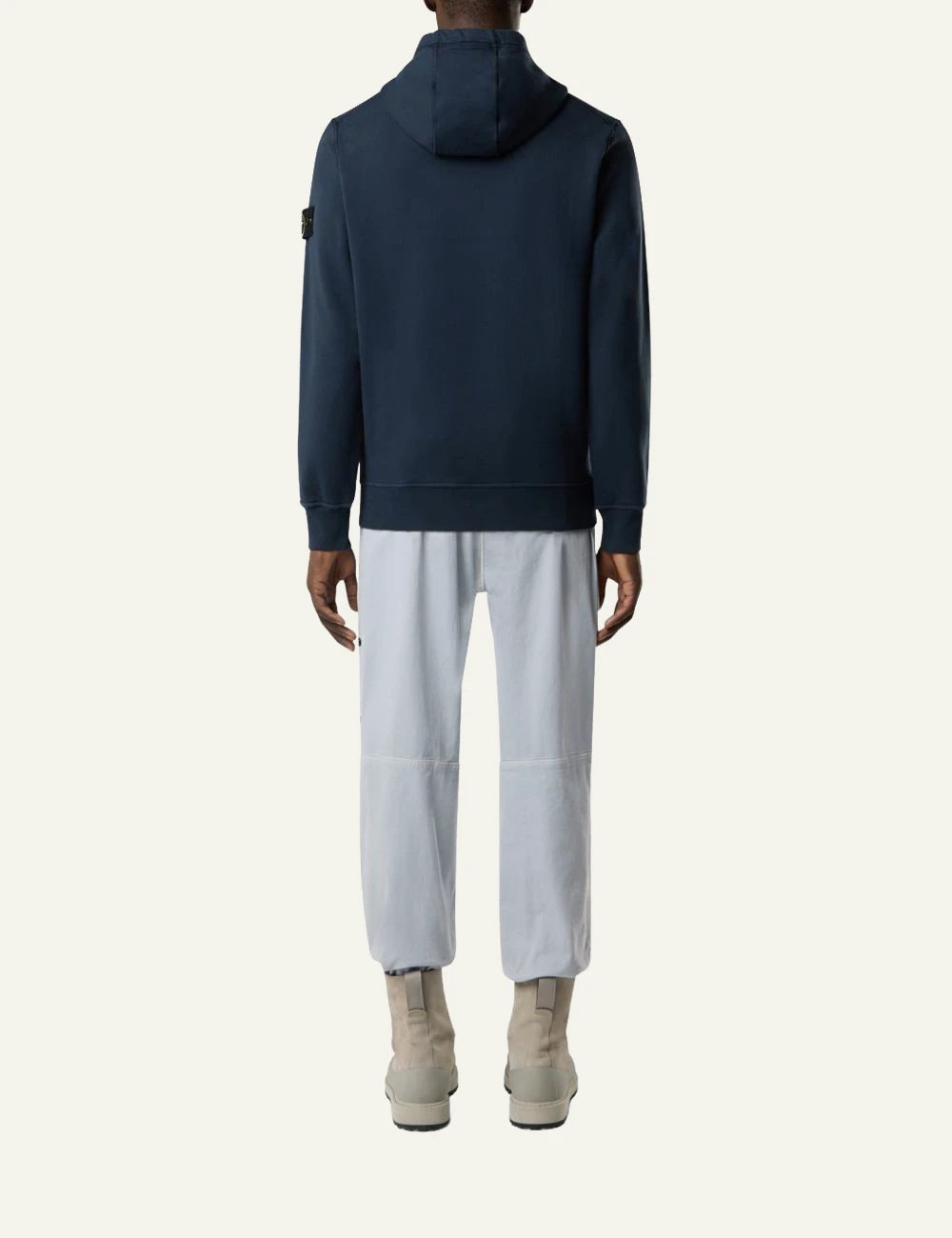 Men's Stone Island organic cotton fleece hoodie in navy blue with sleeve logo patch and kangaroo pocket back