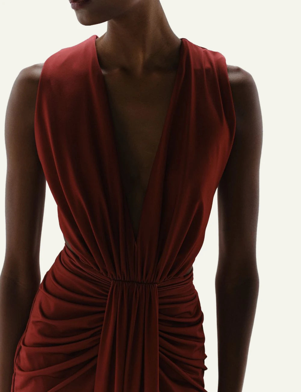 Nia maxi dress vino draped ruched cut out close up view