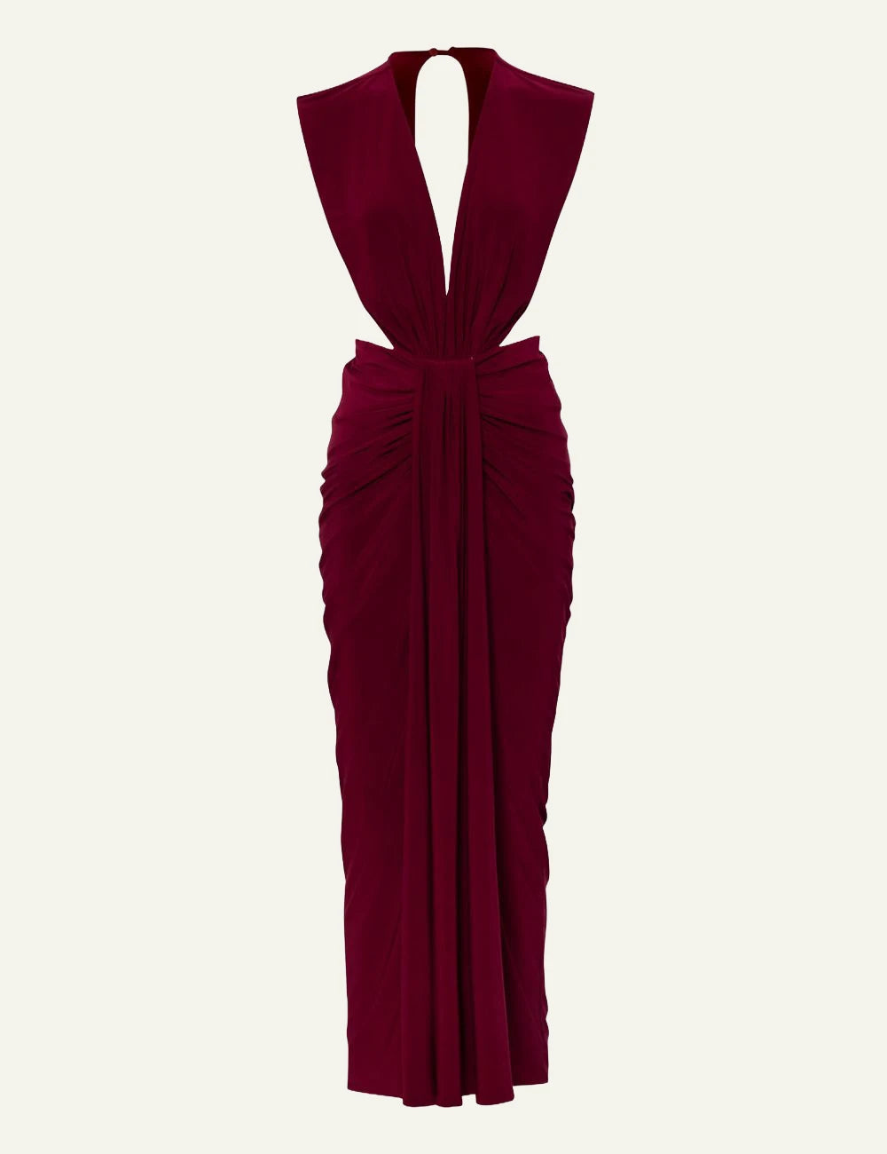 Nia maxi dress vino draped ruched cut out product shot