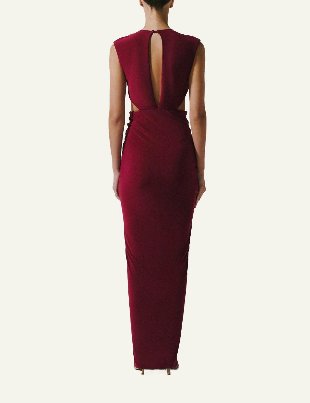Nia maxi dress vino draped ruched cut out back view