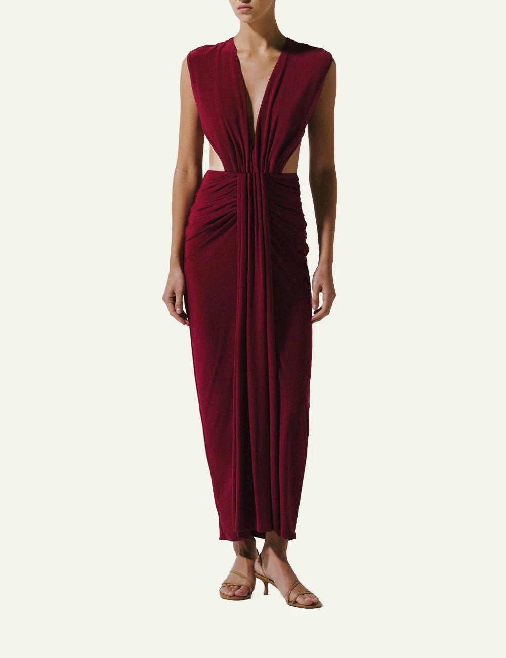 Nia maxi dress vino draped ruched cut out front view