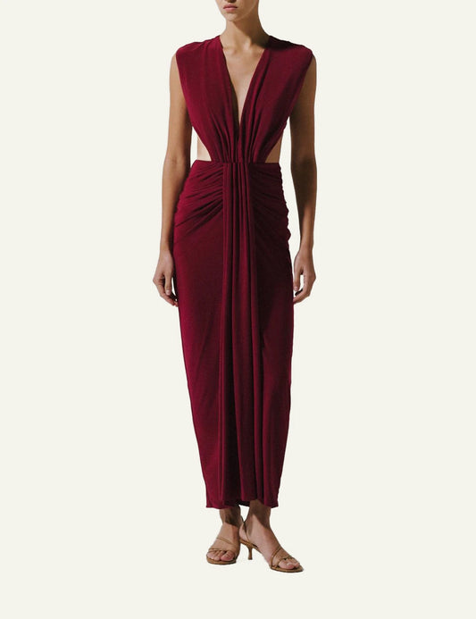 Nia maxi dress vino draped ruched cut out front view