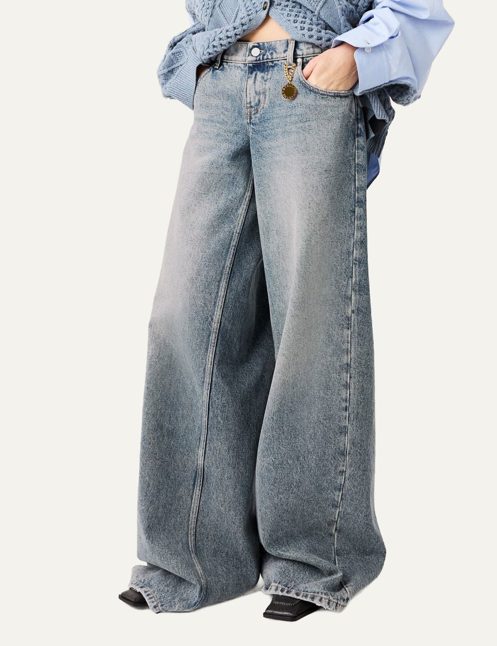 Stella McCartney vintage wash wide-leg jeans front worn look, blue denim