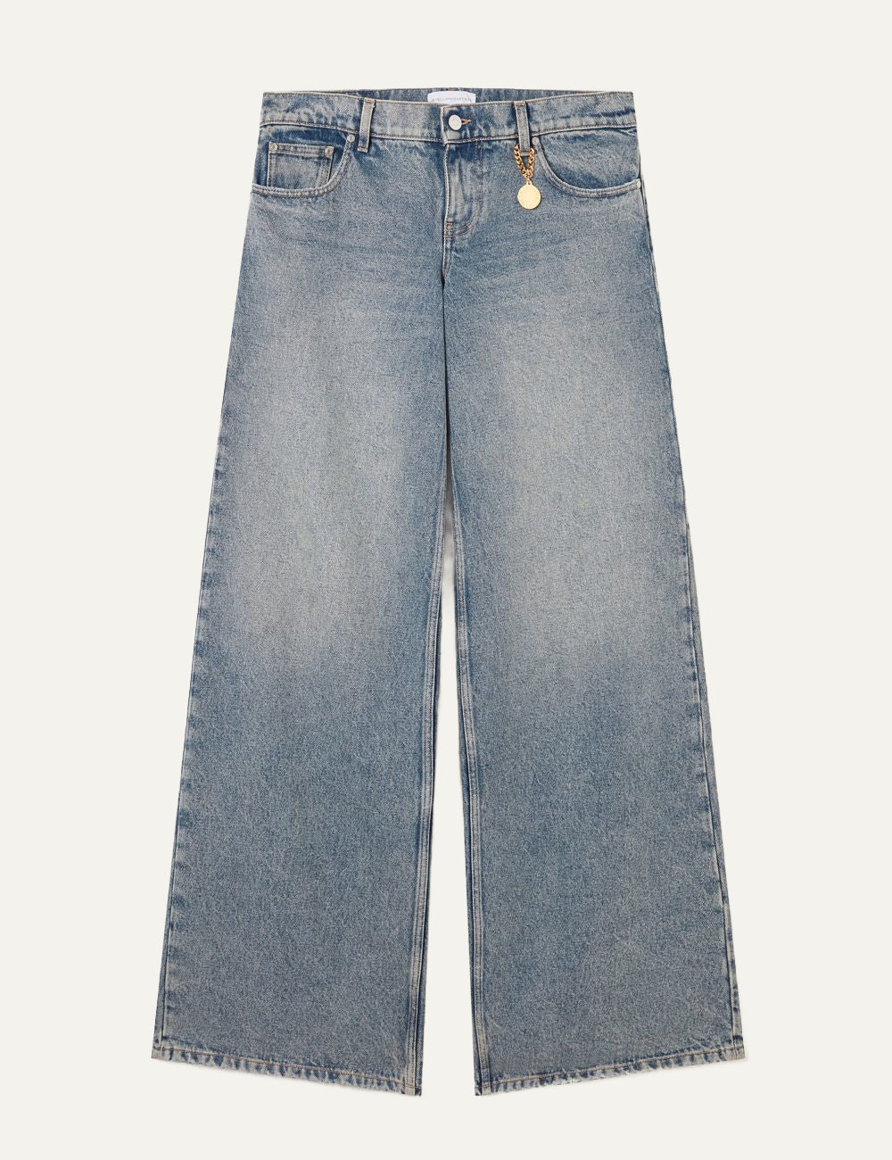 Stella McCartney wide-leg jeans flat lay, vintage blue denim