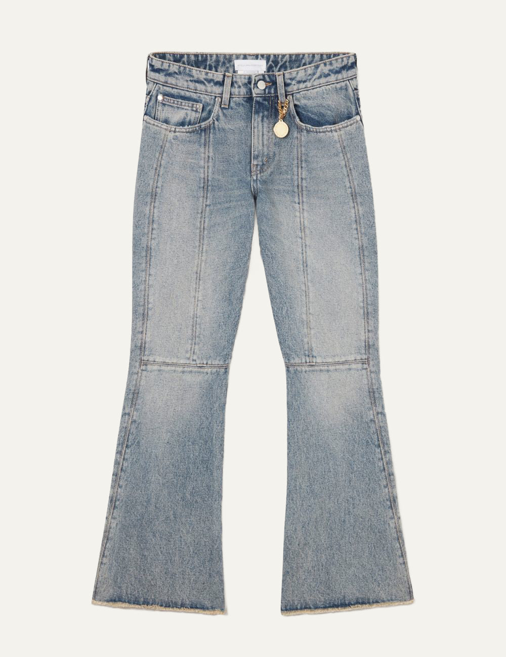 Stella McCartney wide leg jeans front flat, vintage wash denim