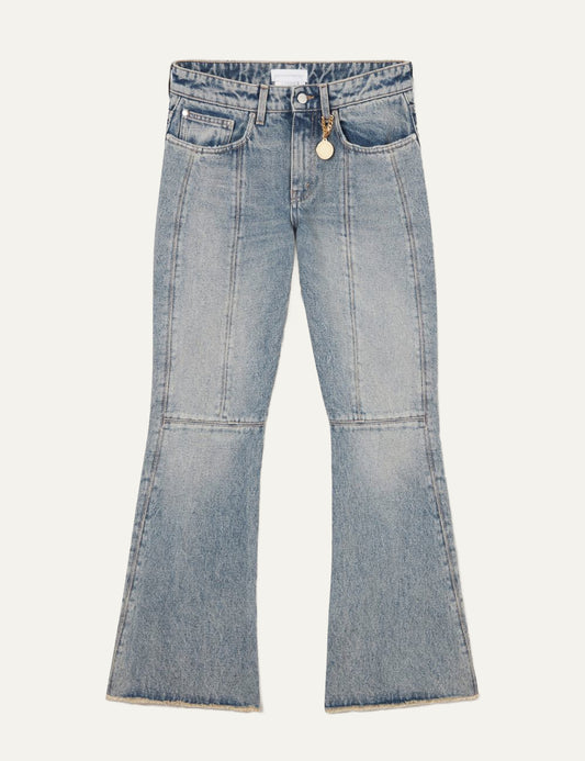 Stella McCartney wide leg jeans front flat, vintage wash denim