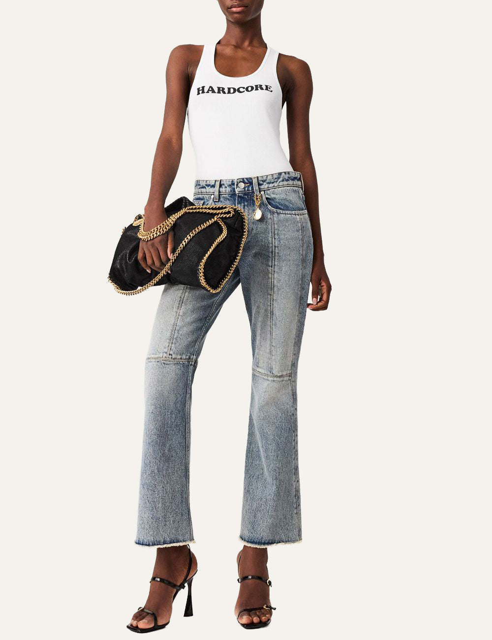 Stella McCartney wide leg jeans front view worn, light blue denim