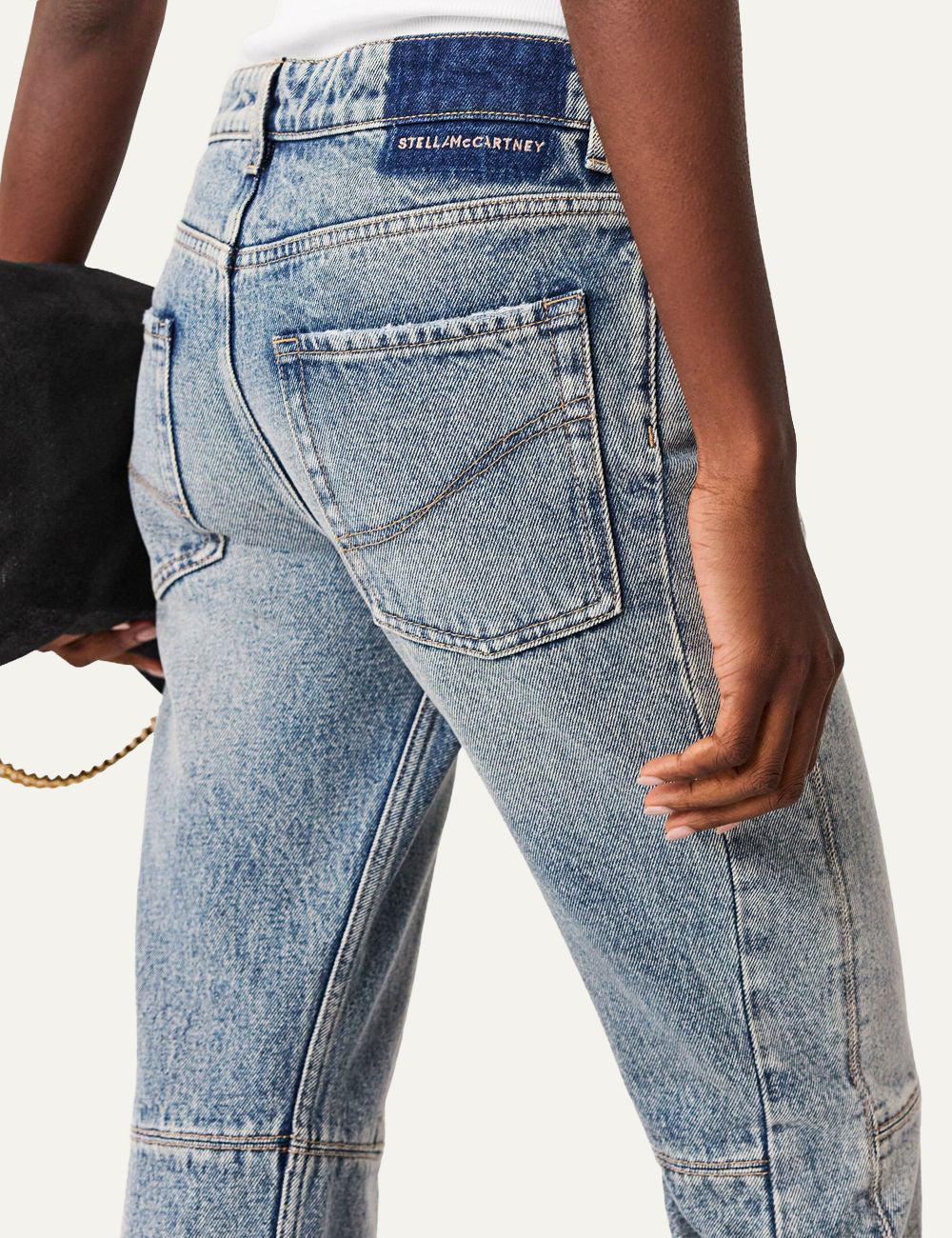 Stella McCartney wide leg jeans back pocket detail, logo patch, denim