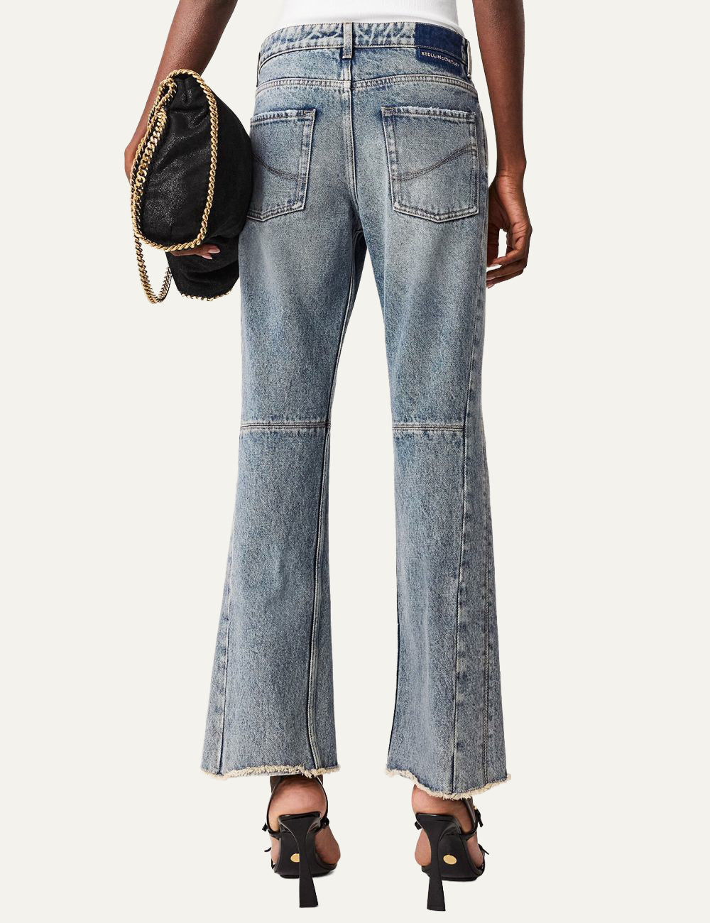 Stella McCartney wide leg jeans back view worn, straight leg fit