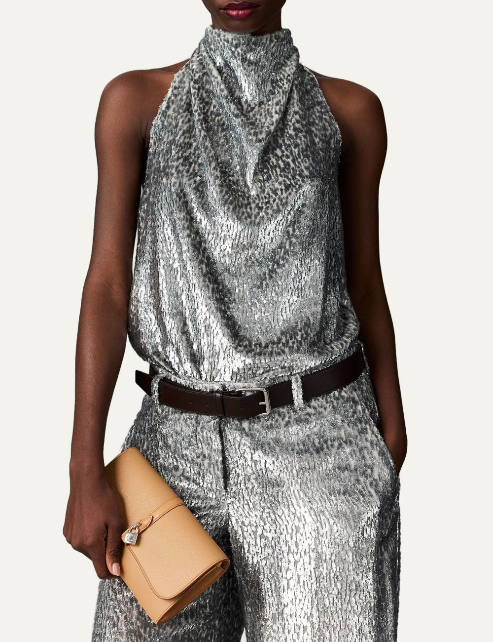 Stella McCartney metallic halterneck top silver front view draped neckline