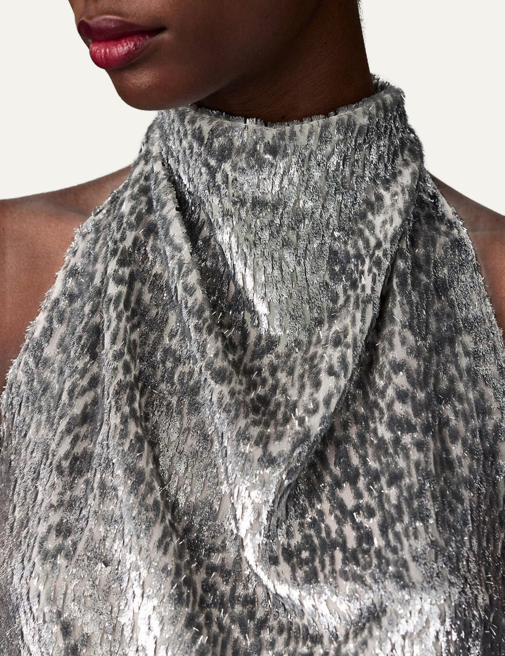Stella McCartney silver halterneck top animal texture close-up neckline