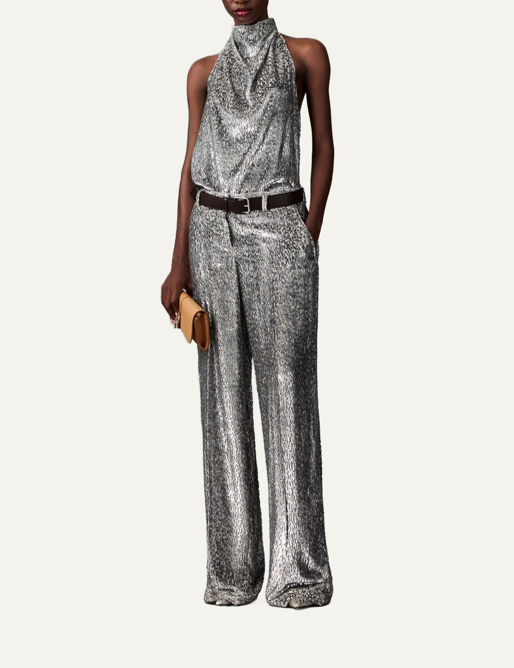 Stella McCartney metallic halterneck top silver full look wide leg pants styling