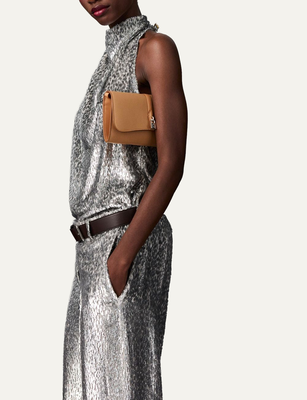 Stella McCartney silver metallic halterneck top side view open back detail