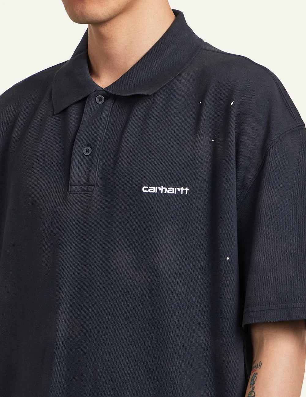 Carhartt WIP Painter Polo mavro destroy wash with speckle details side view