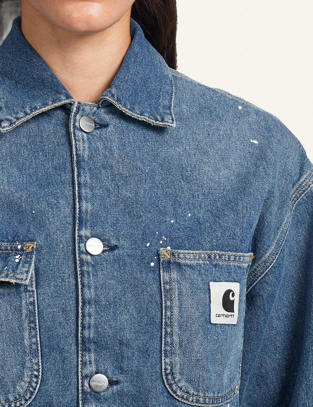 Carhartt WIP OG Michigan coat se blue washed denim me paint splatter details