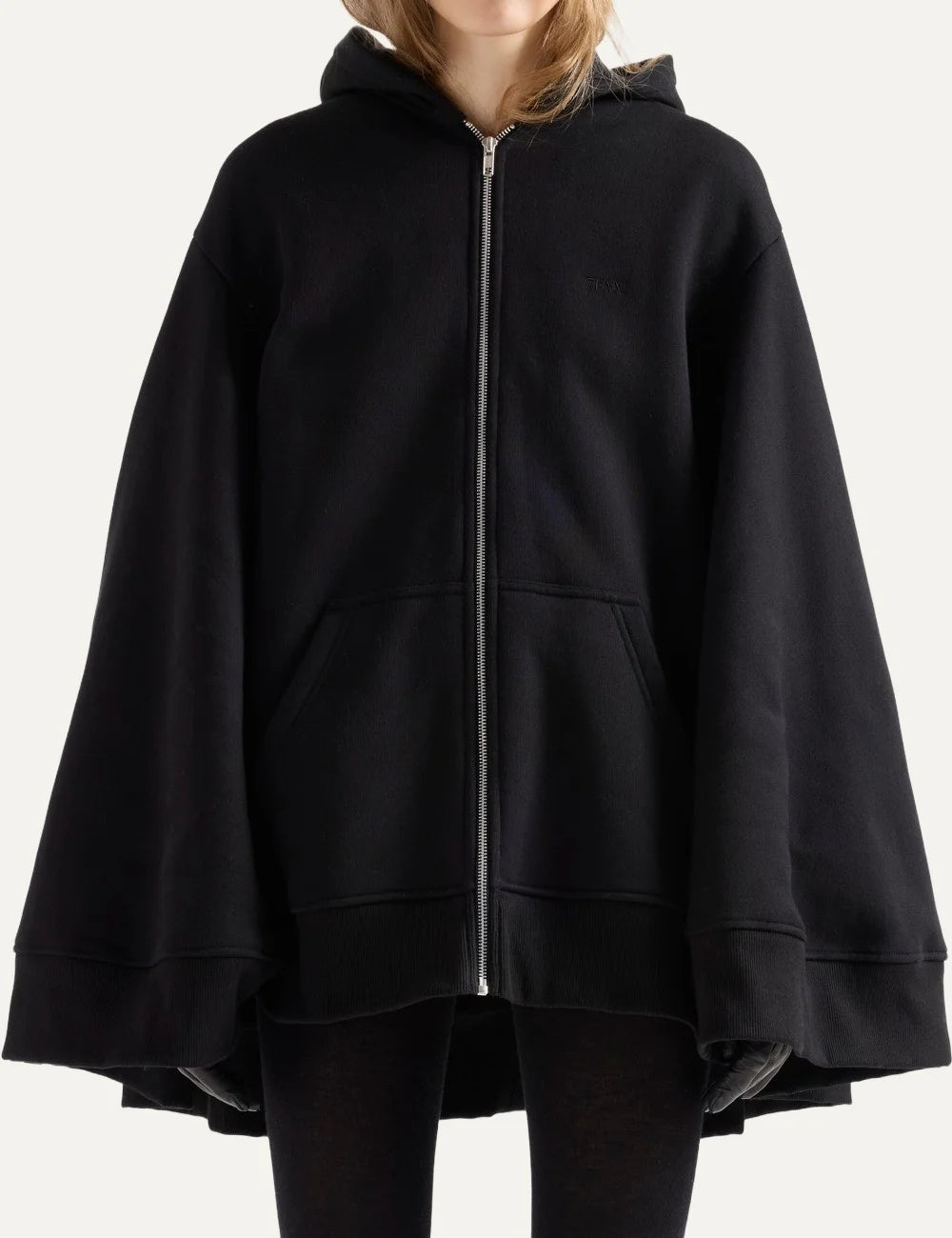 7 For All Mankind women black oversized cotton zip hoodie with wide sleeves and embroidered logo model