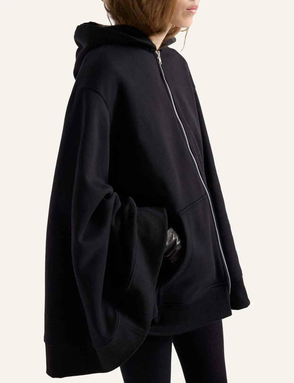 7 For All Mankind women black oversized cotton zip hoodie with wide sleeves and embroidered logo side