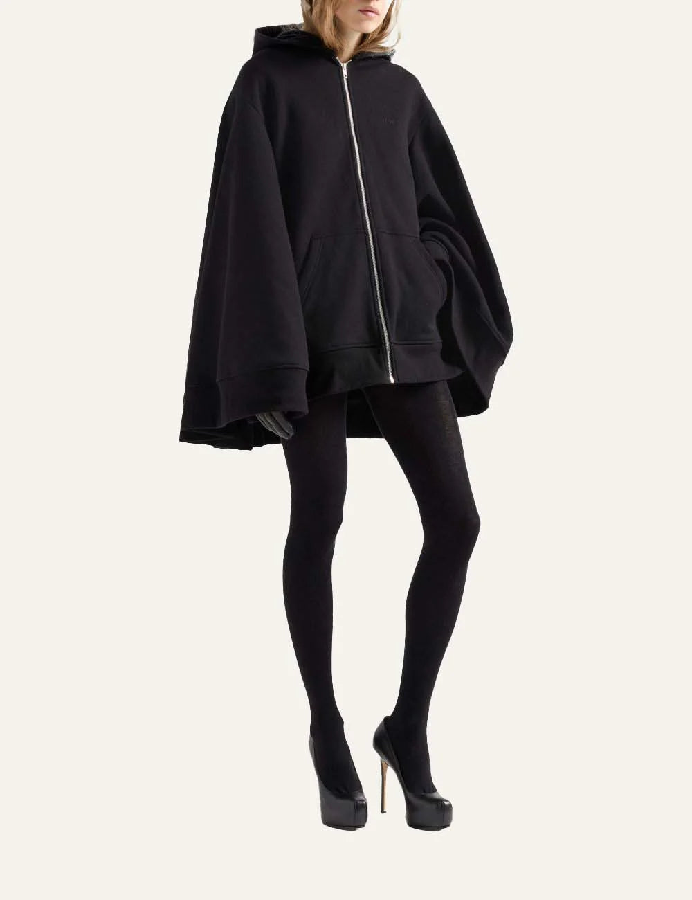 7 For All Mankind women black oversized cotton zip hoodie with wide sleeves and embroidered logo model
