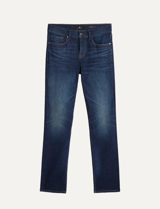 7 For All Mankind men dark wash slim fit jeans with soft fleece-like interior and faded details