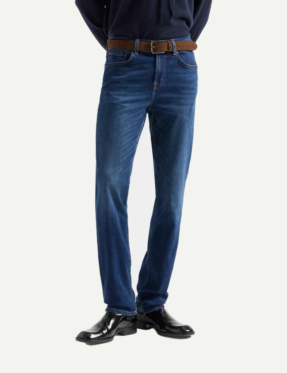 7 For All Mankind men Slimmy dark blue slim fit jeans with whiskering and faded details model